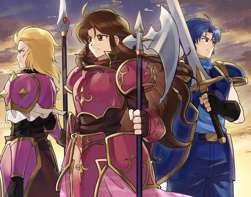 1girl, 2boys, absurdres, armor, arran_(fire_emblem), betabetamaru, blonde_hair, blue_armor, blue_eyes, brown_hair, clouds, fire_emblem, fire_emblem:_mystery_of_the_emblem, halberd, highres, holding, holding_polearm, holding_sword, holding_weapon, multiple_boys, pauldrons, pink_armor, polearm, red_eyes, samson_(fire_emblem), sheena_(fire_emblem), shield, shoulder_armor, spiked_pauldrons, standing, sunset, sword, weapon