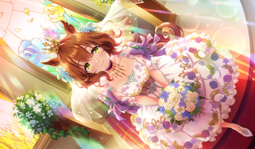 1girl, animal_ears, aston_machan_(haute_couture_memory)_(umamusume), aston_machan_(umamusume), blush, bridal_veil, brown_hair, church, collar, collarbone, crown, dress, dutch_angle, flower, green_eyes, hair_between_eyes, hair_flower, hair_ornament, highres, horse_ears, horse_girl, horse_tail, lens_flare, looking_at_viewer, medium_hair, official_alternate_costume, official_art, smile, tail, umamusume, veil, wedding_dress, window