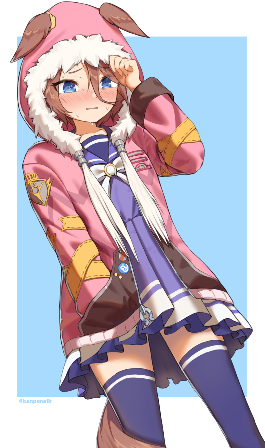 1girl, @_@, animal_ears, banpunsik, blue_eyes, blush, bow, bowtie, brown_hair, commentary, ears_down, ears_through_headwear, embarrassed, feet_out_of_frame, furrowed_brow, hair_between_eyes, hand_in_pocket, highres, hood, hood_up, hooded_jacket, horse_ears, horse_girl, horse_tail, jacket, long_sleeves, looking_down, narita_taishin_(umamusume), open_clothes, open_jacket, pink_jacket, purple_shirt, purple_skirt, purple_thighhighs, sailor_collar, school_uniform, shirt, short_hair, skirt, solo, standing, sweat, sweating_profusely, tail, thigh-highs, tracen_school_uniform, umamusume