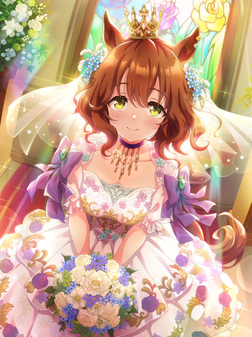 1girl, absurdres, animal_ears, aston_machan_(haute_couture_memory)_(umamusume), aston_machan_(umamusume), blush, bridal_veil, brown_hair, church, collar, collarbone, crown, dress, flower, green_eyes, hair_between_eyes, hair_flower, hair_ornament, highres, horse_ears, horse_girl, horse_tail, lens_flare, looking_at_viewer, medium_hair, official_art, photoshop_(medium), smile, tail, umamusume, veil, wedding_dress, window