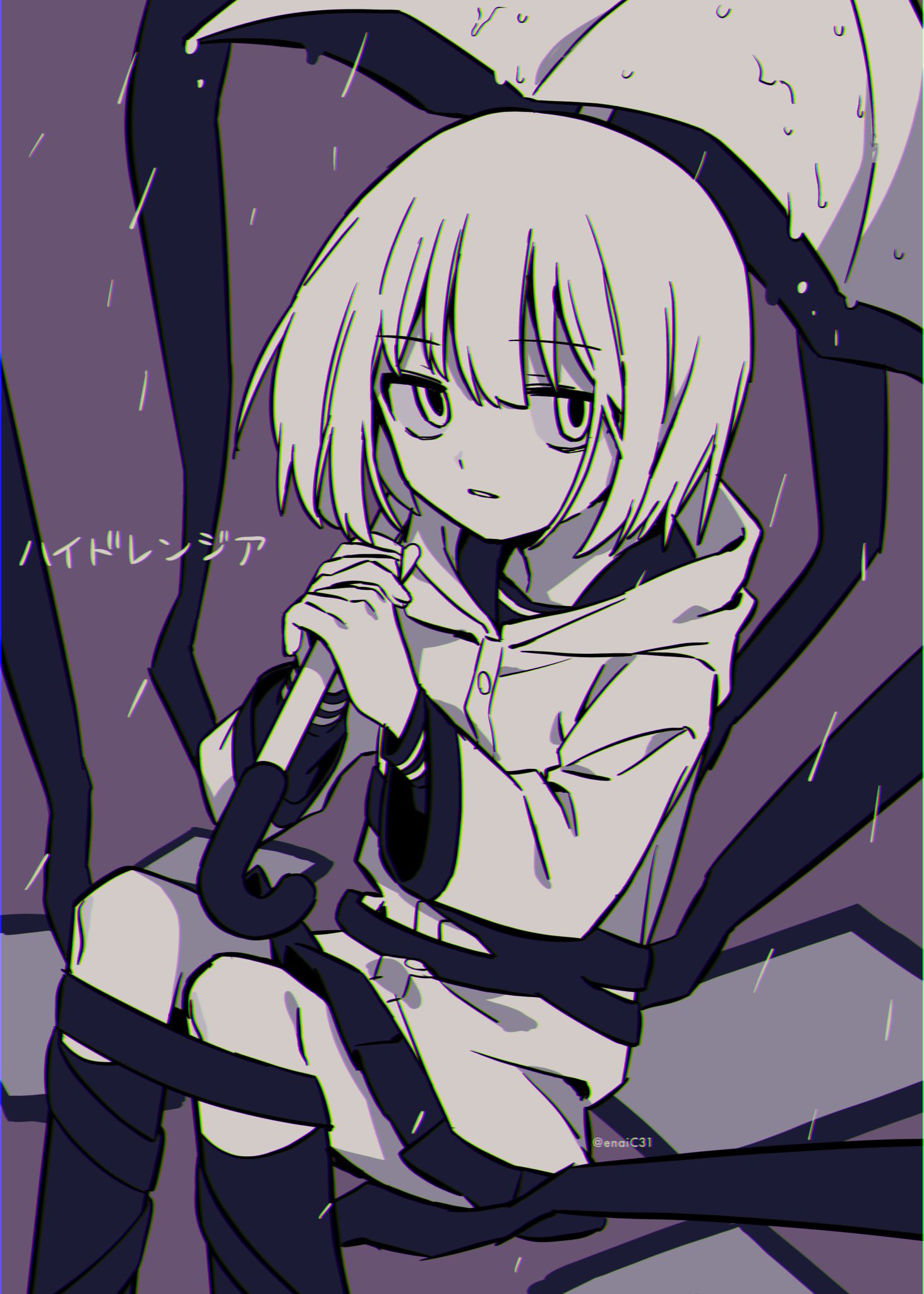 1girl, bob_cut, chromatic_aberration, commentary_request, darkness, expressionless, feet_out_of_frame, greyscale_with_colored_background