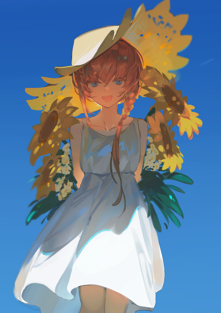 1girl, 9472, alternate_costume, arms_behind_back, blue_eyes, blue_sky, bouquet, braid, collarbone, commentary_request, contrail, crossed_bangs, day, dress, fate/grand_order, fate_(series), feet_out_of_frame, flower, hair_over_shoulder, half-closed_eyes, hat, holding, holding_bouquet, long_hair, looking_at_viewer, open_mouth, orange_hair, outdoors, shade, side_braid, sky, sleeveless, sleeveless_dress, smile, solo, spaghetti_strap, standing, straw_hat, sundress, sunflower, sunlight, van_gogh_(fate), white_dress, white_flower, wind, wind_lift