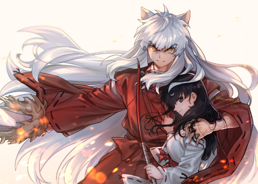 1boy, 1girl, animal_ears, black_eyes, black_hair, bow_(weapon), dog_ears, fingernails