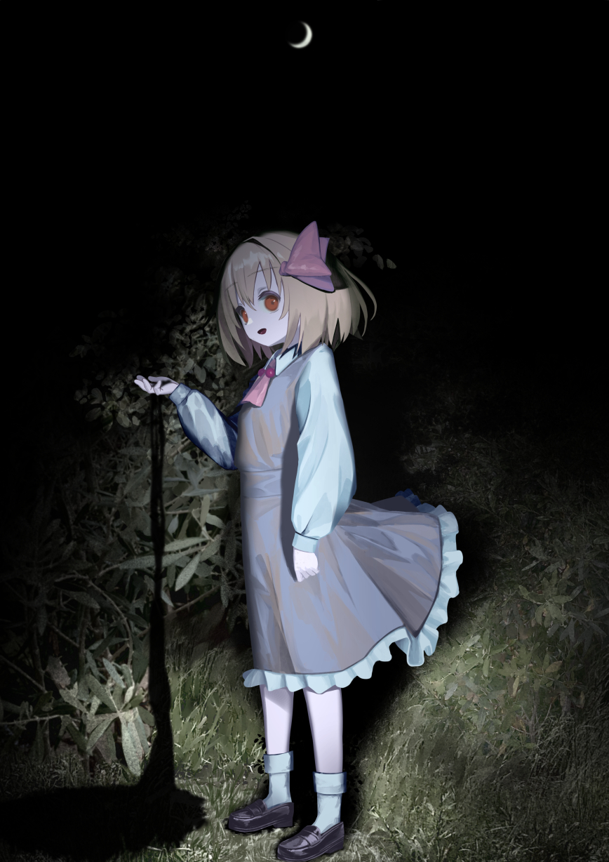 black_dress, blonde_hair, collared_shirt, darkness, dress, frilled_skirt, frills, hair_ribbon