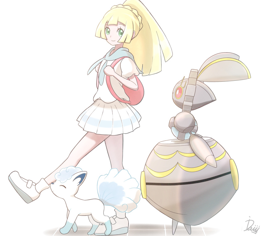 1girl, absurdres, alolan_vulpix, backpack, bag, blonde_hair, full_body, green_eyes, highres, ida_(idalol490), lillie_(pokemon), long_hair, magearna, pleated_skirt, pokemon, pokemon_(anime), pokemon_(creature), pokemon_sm_(anime), ponytail, shirt, signature, skirt, smile, walking, white_background, white_footwear, white_shirt, white_skirt