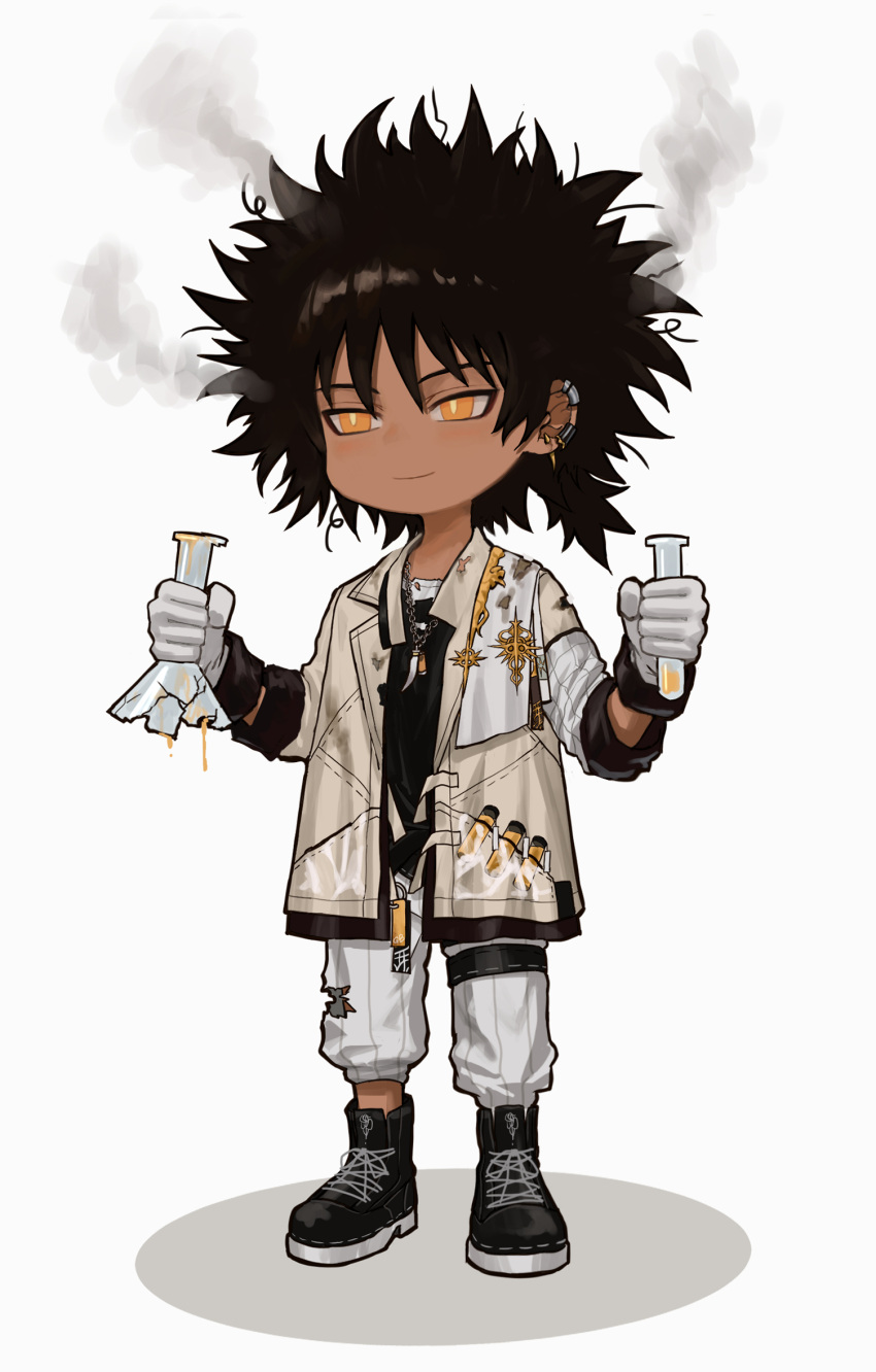 1boy, afro, arknights, black_footwear, black_hair, boots, chibi, closed_mouth