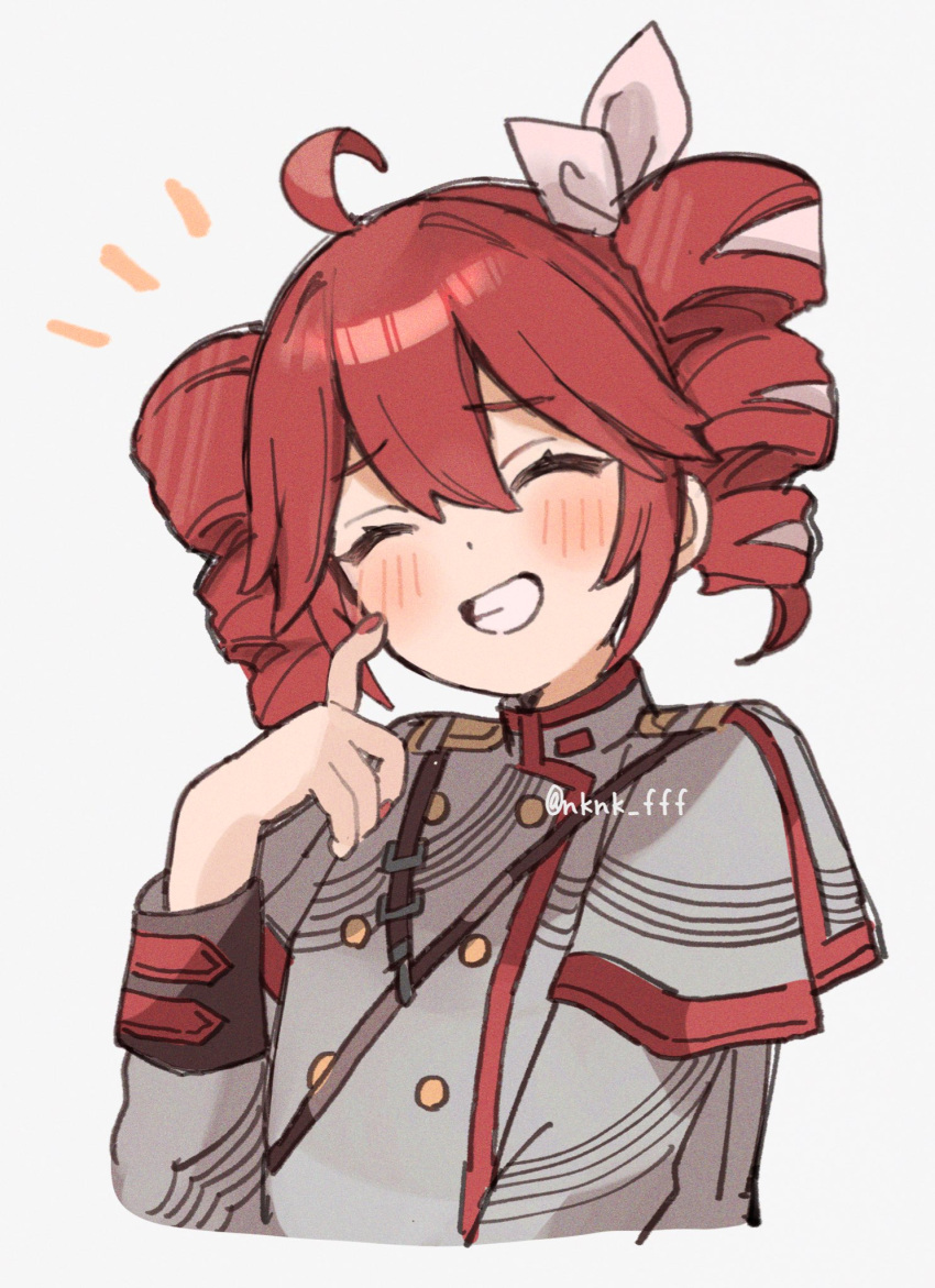 1girl, ahoge, blush, bow, buttons, closed_eyes, commentary_request, cropped_torso