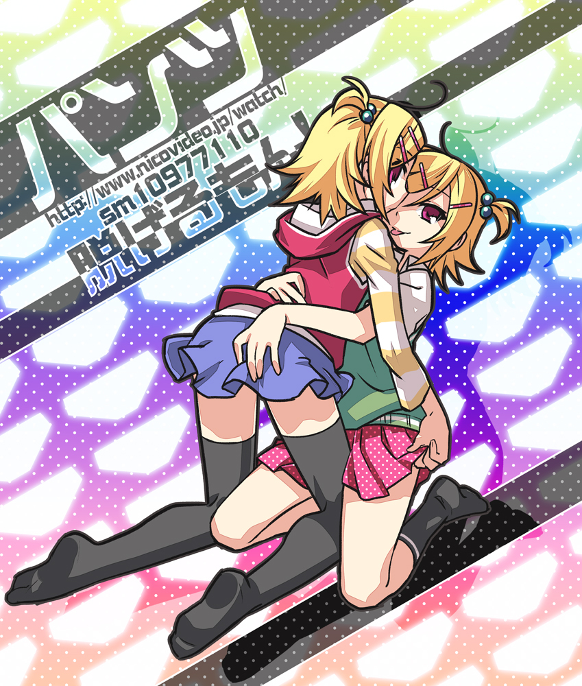 blonde_hair, clone, dual_persona, hair_bobbles, hair_ornament, hairclip, hoodie, kagamine_rin