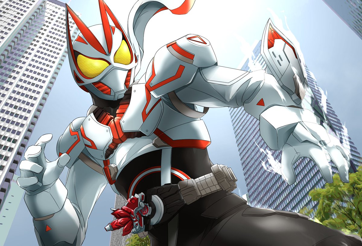 1boy, black_bodysuit, bodysuit, city, cityscape, commentary, desire_driver, gauntlets, gloves, glowing, glowing_eyes, kamen_rider, kamen_rider_geats, kamen_rider_geats_(series), kamen_rider_geats_boost_mark_iii, miyabi_(037), neon_trim, open_hands, ox_tail, power_armor, raise_buckle, spread_legs, tail, tree, two-tone_bodysuit, white_armor, white_bodysuit, white_gloves, yellow_eyes