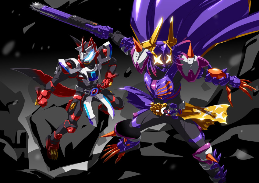 1boy, 2boys, alternate_eye_color, animal_ears, armor, armored_gloves, black_armor, black_background