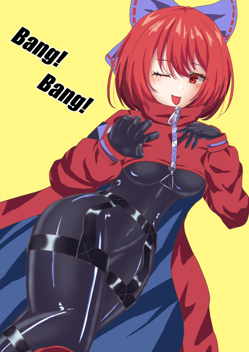 1girl, adapted_costume, akatsuki_records, black_bodysuit, black_gloves, bodysuit, bow, english_text