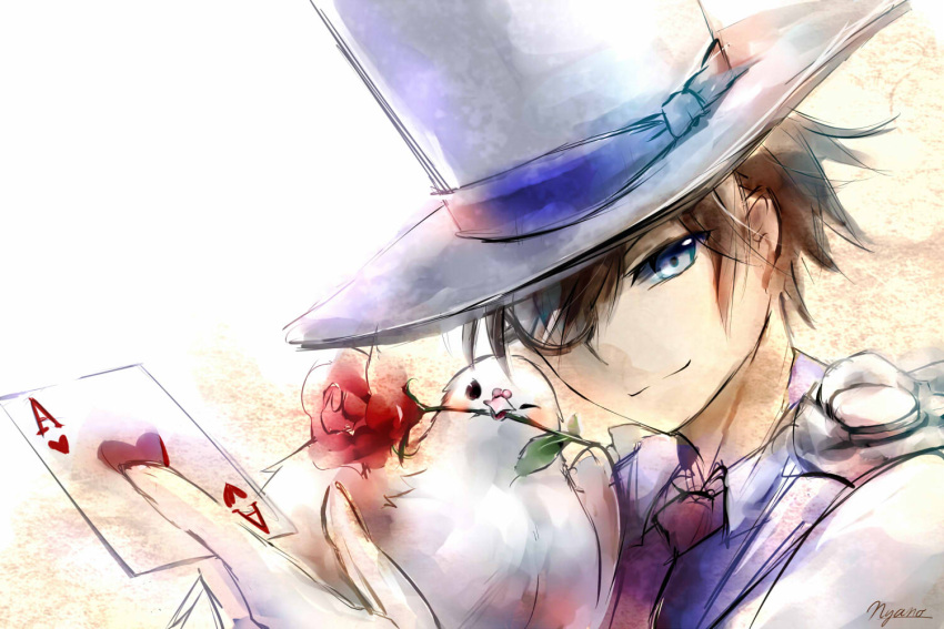 1boy, ace_of_hearts, between_fingers, bird, blue_eyes, brown_hair, dove, flower