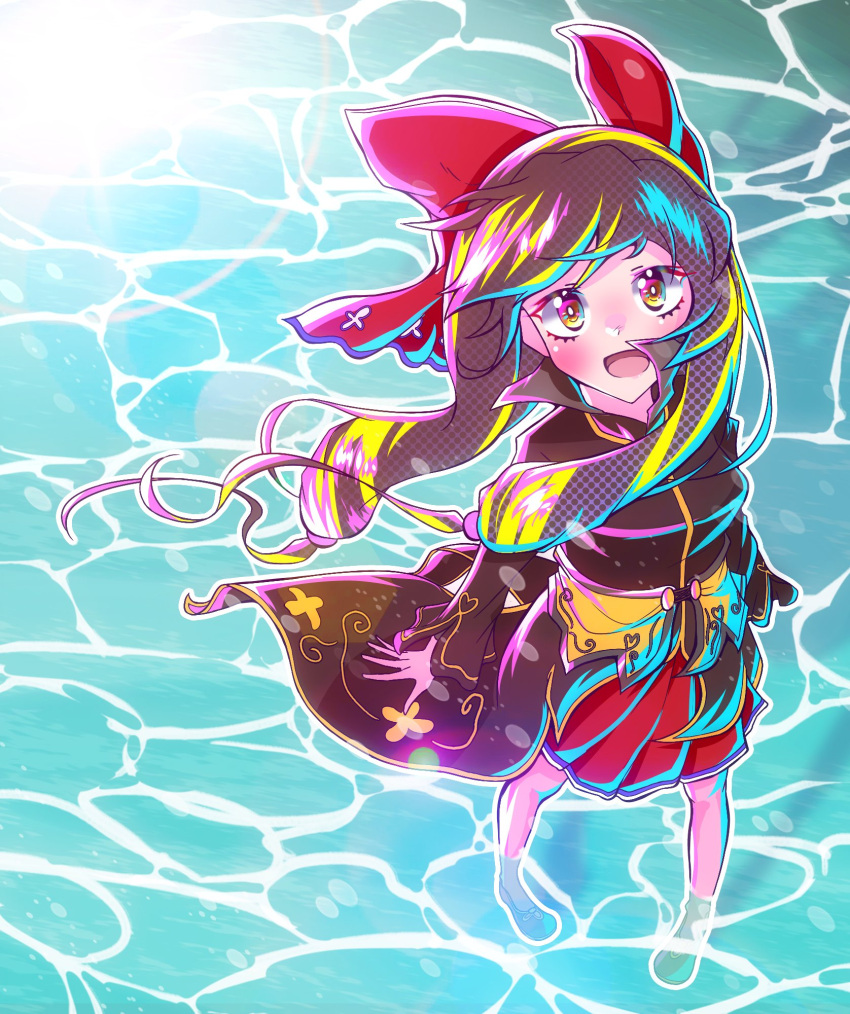 1girl, arms_at_sides, bare_legs, black_dress, black_footwear, black_hair, chiganemaru_(tenka_hyakken), commentary, dress, floating_hair, from_above, gradient_eyes, highres, long_hair, looking_at_viewer, multicolored_eyes, open_mouth, red_ribbon, red_skirt, ribbon, shallow_water, skirt, smile, solo, spread_fingers, tenka_hyakken, water, yuki_usagi_(agtd5758)
