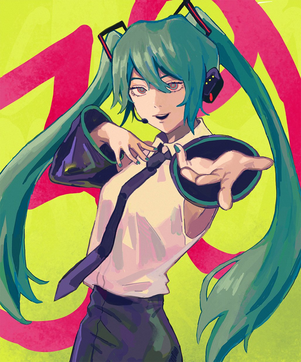39, aqua_eyes, aqua_hair, black_necktie, chainsaw_man, collared_shirt, detached_sleeves, fujimoto_tatsuki_(style)
