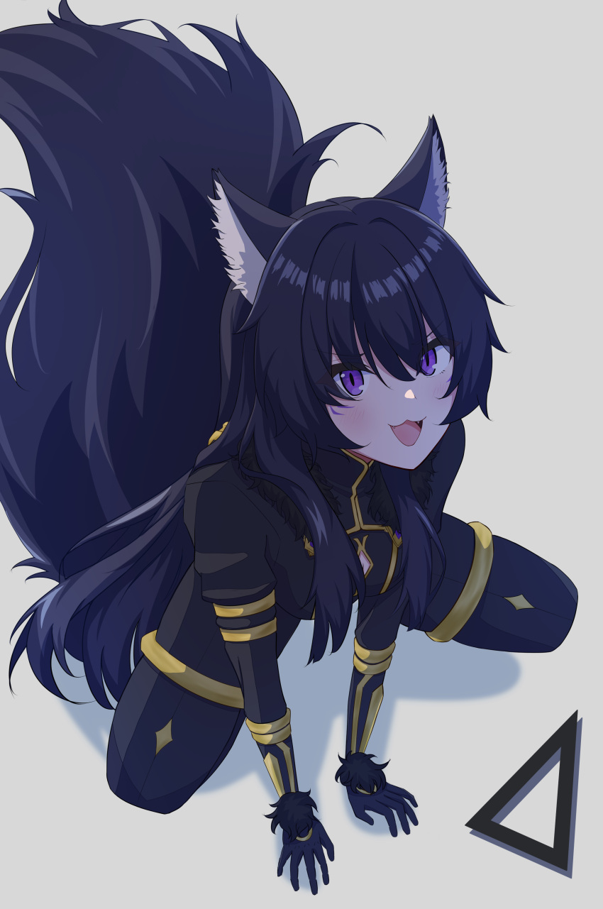 1girl, :3, absurdres, animal_ear_fluff, animal_ears, black_bodysuit, black_gloves, black_hair, blush, bodysuit, commentary_request, delta_(kage_no_jitsuryokusha_ni_naritakute!), facial_mark, gloves, hair_between_eyes, highres, kage_no_jitsuryokusha_ni_naritakute!, kneeling, long_hair, long_sleeves, looking_at_viewer, open_mouth, sei_natori, shadow, smile, solo, tail, very_long_hair, violet_eyes, white_background, wolf_ears, wolf_girl, wolf_tail