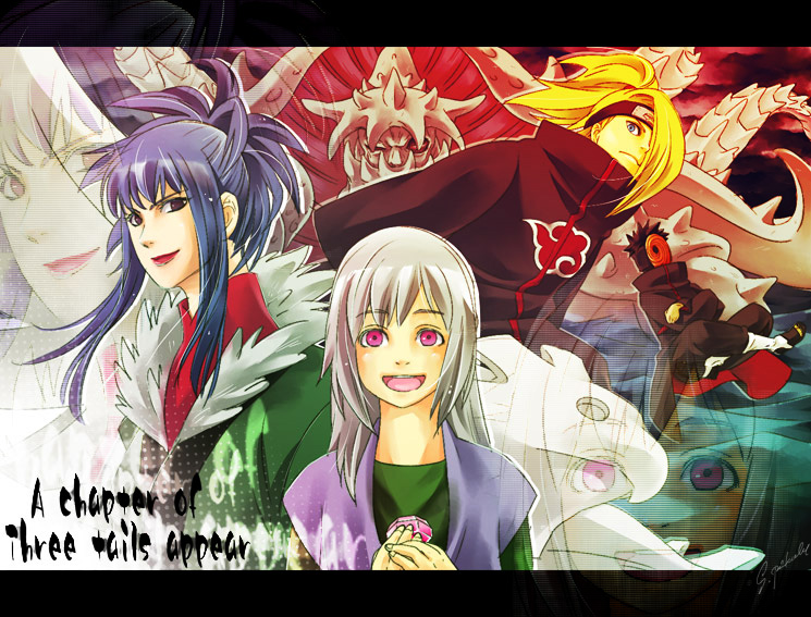 1girl, 3boys, akatsuki_uniform, asymmetrical_hair, black_hair, blonde_hair, blue_hair, closed_mouth