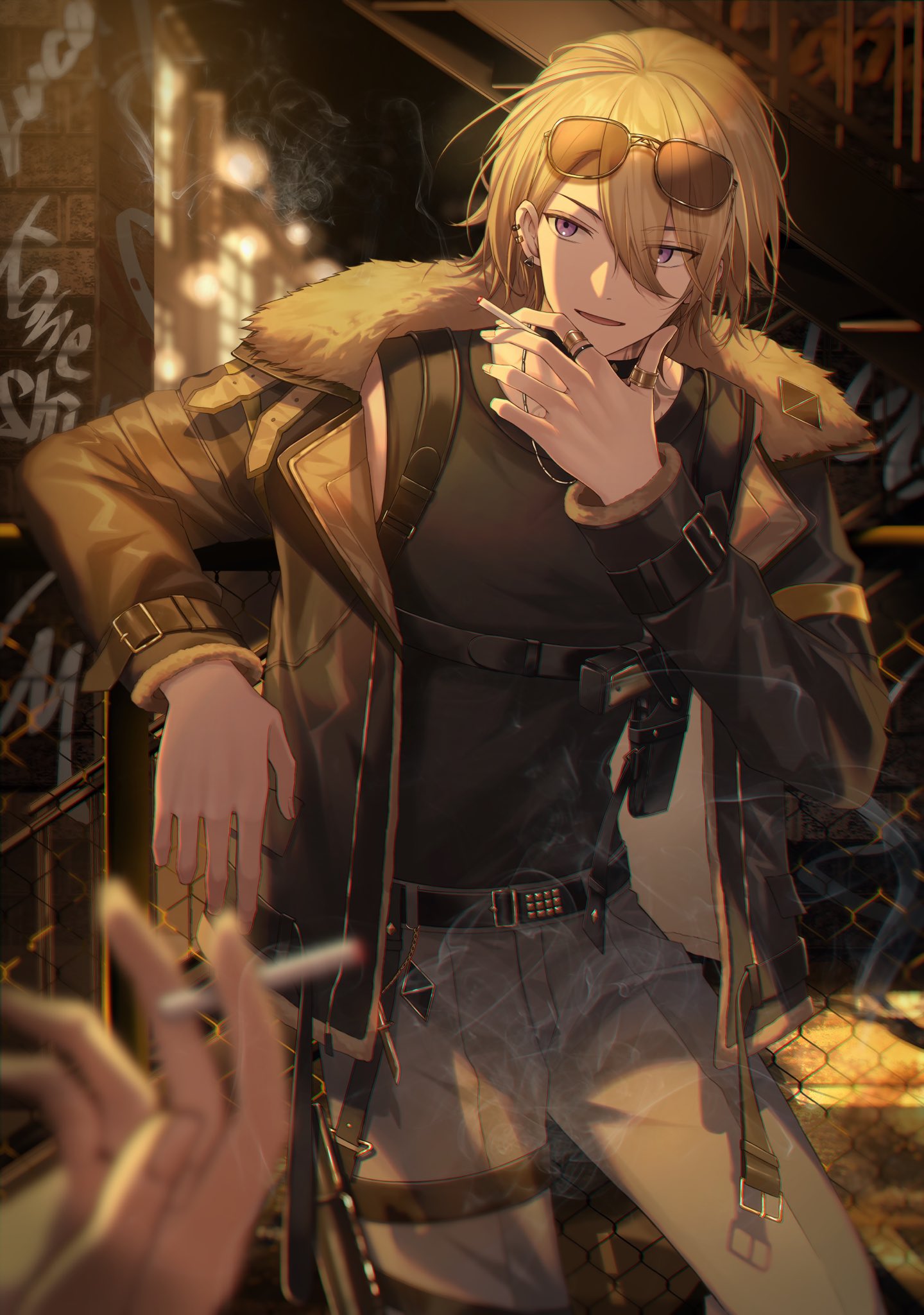 1boy, 1other, belt, belt_buckle, black_belt, black_shirt, blonde_hair, blurry