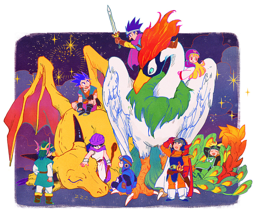 1girl, 6+boys, arm_up, armor, arms_behind_head, belt, bird, bird_wings, black_bodysuit, black_footwear, black_gloves, black_hair, blonde_hair, blue_gloves, blue_hair, blue_headwear, blue_tunic, blunt_bangs, bodysuit, boots, bracelet, brown_footwear, brown_gloves, cape, circlet, cloak, closed_eyes, clouds, cloudy_sky, commentary, cousins, dragon, dragon_quest, dragon_quest_i, dragon_quest_ii, dragon_quest_iii, dragon_quest_iv, dragon_quest_v, dragon_quest_vi, dragon_wings, fake_horns, feathered_wings, fingerless_gloves, full_body, gloves, goggles, goggles_on_headwear, green_footwear, green_hair, green_tunic, hand_on_another's_head, headpiece, helmet, hero_(dq1), hero_(dq3), hero_(dq4), hero_(dq5), hero_(dq6), holding, holding_staff, holding_sword, holding_weapon, hood, horned_helmet, horns, jewelry, long_hair, looking_at_another, looking_down, low_ponytail, lying, multiple_boys, on_back, open_mouth, orange_bodysuit, pants, prince, prince_of_lorasia, prince_of_samantoria, princess, princess_of_moonbrook, purple_cape, purple_cloak, purple_hair, purple_headwear, purple_hood, ramia_(dq3), red_cape, red_eyes, red_gloves, robe, shirt, short_hair, shoulder_armor, sitting, size_difference, sky, sleeping, sparkle, spiky_hair, staff, standing, sword, symbol-only_commentary, turban, turtleneck, weapon, white_footwear, white_pants, white_robe, white_shirt, white_tunic, wide_sleeves, wings, yellow_shirt, yuza, zzz