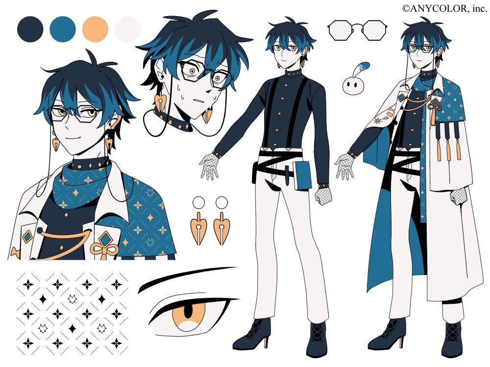 1boy, bags_under_eyes, black_footwear, black_gloves, black_shirt, blue_capelet, blue_hair, blue_scarf