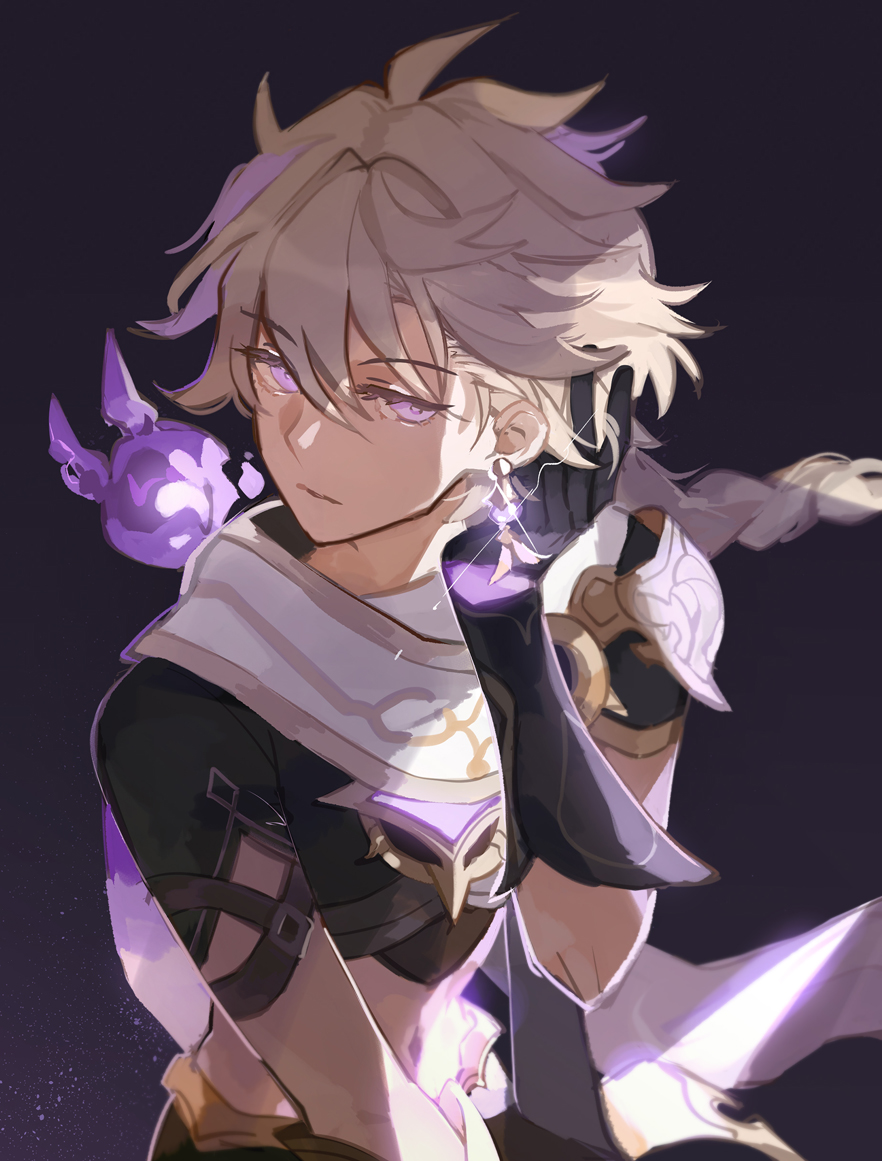 1boy, aether_(genshin_impact), ahoge, alternate_eye_color, black_background, black_gloves, black_pants, black_shirt
