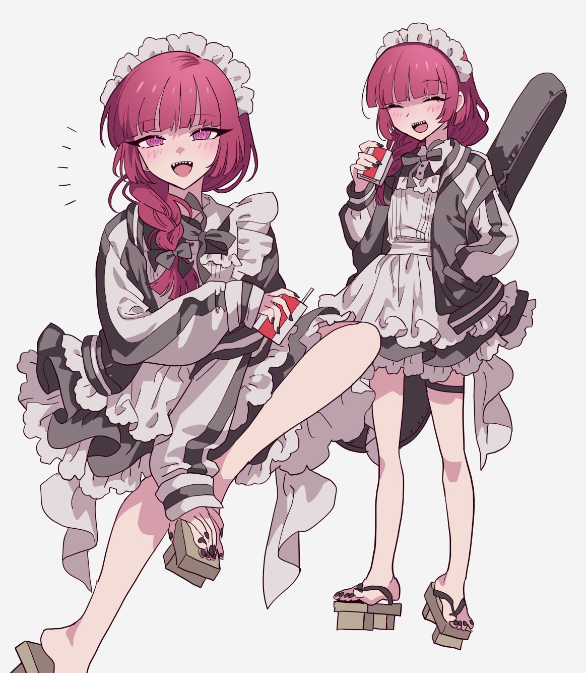 1girl, :d, alcohol_carton, alternate_costume, apron, black_bow, black_dress, black_jacket