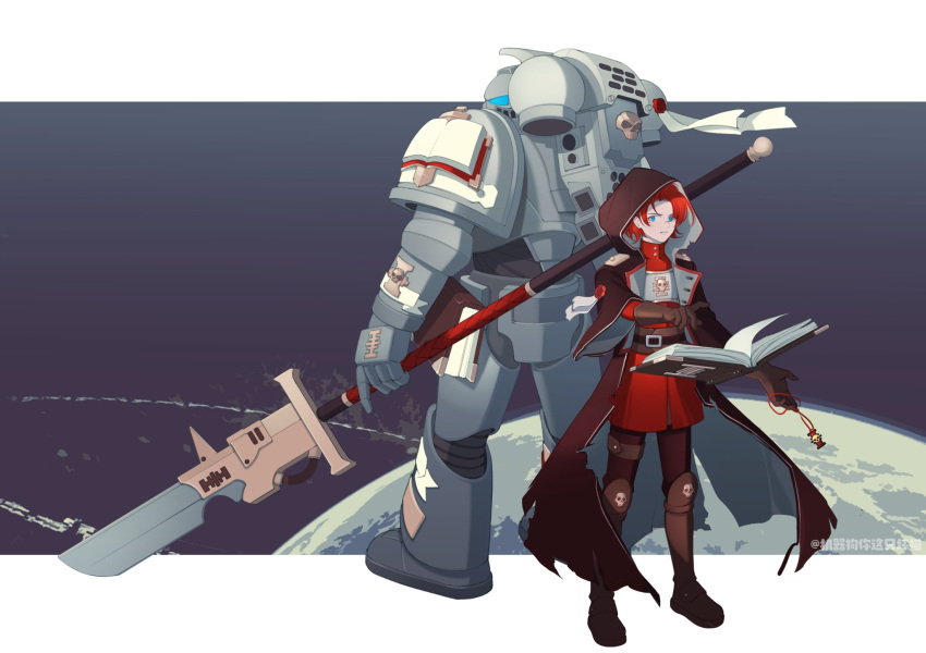 1boy, 1girl, adeptus_astartes, armor, back-to-back, blue_eyes, book, boots