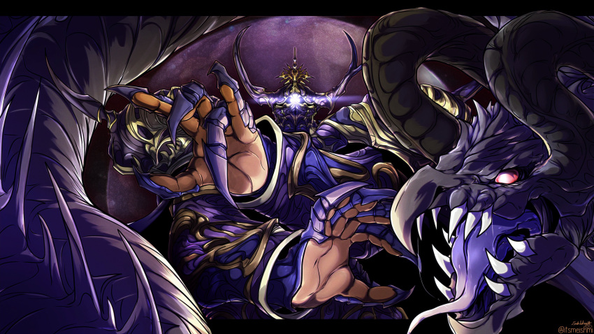 1boy, absurdres, armor, black_background, clawed_gauntlets, dragon, dragon_horns, fangs