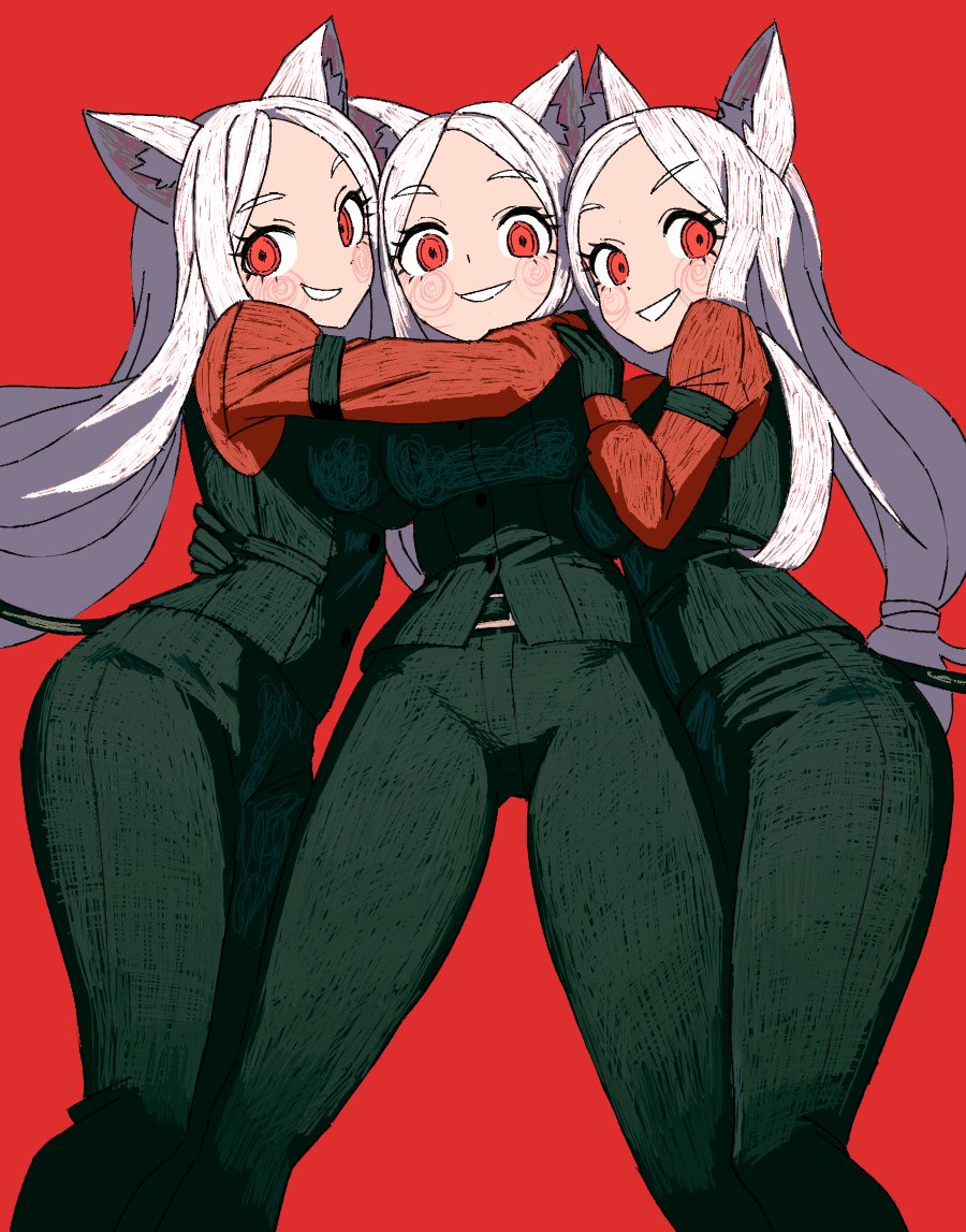 3girls, animal_ear_fluff, animal_ears, black_gloves, black_pants, blush, cerberus_(helltaker), commentary