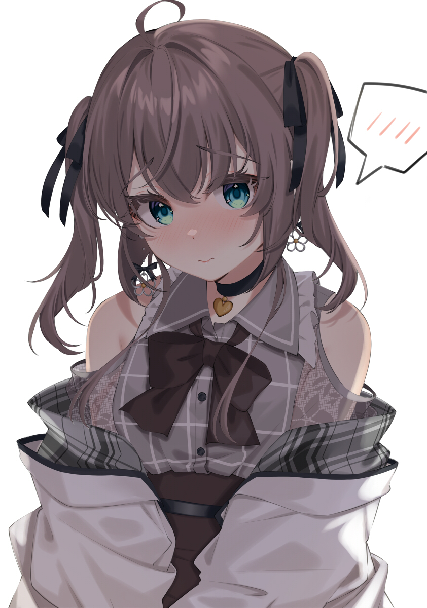 1girl, ahoge, aqua_eyes, black_bow, black_bowtie, black_choker, black_ribbon, blush