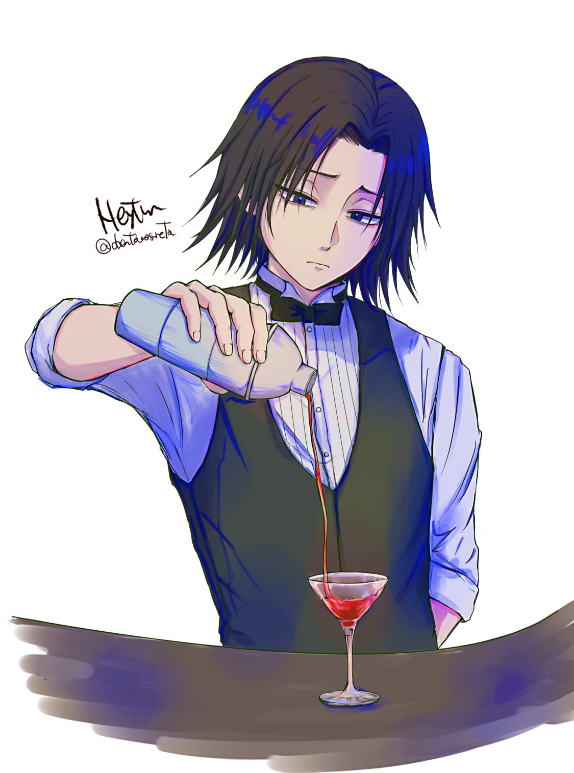 1boy, alternate_costume, bartender, black_eyes, black_vest, cocktail_shaker, cup, drinking_glass