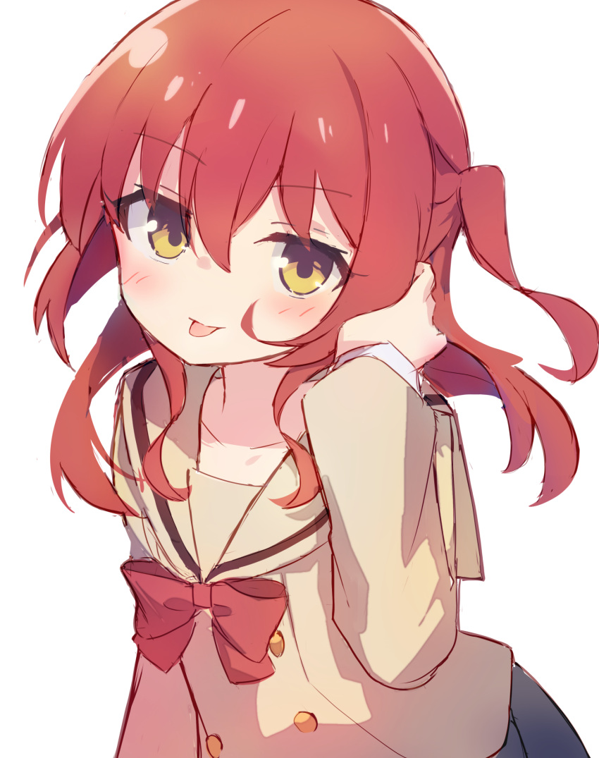 1girl, blue_skirt, blush, bocchi_the_rock!, bow, bowtie, brown_sailor_collar, brown_shirt