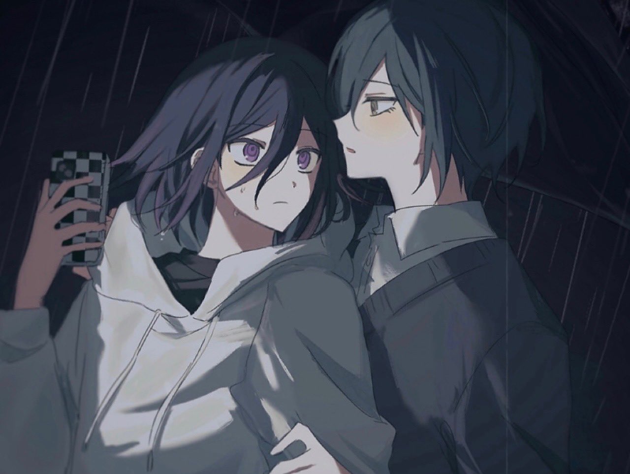 2boys, black_hair, black_shirt, black_sweater, blush, brown_eyes, closed_mouth, collared_shirt