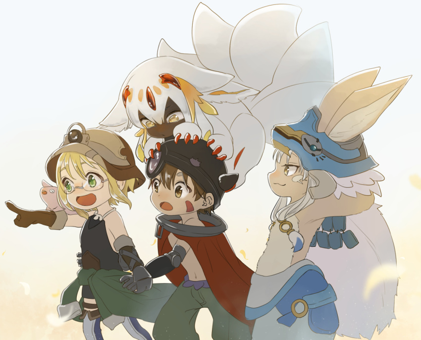 1boy, 1other, animal_ears, blonde_hair, body_fur, brown_gloves, brown_hair, claws, dark-skinned_female, dark_skin, extra_arms, facial_mark, fake_horns, faputa, furry, glasses, gloves, green_eyes, helmet, horned_helmet, horns, made_in_abyss, maya_(mayamayammy), mechanical_arms, monster_girl, nanachi_(made_in_abyss), open_mouth, regu_(made_in_abyss), riko_(made_in_abyss), short_hair, smile, very_dark_skin, white_fur, white_hair, yellow_eyes