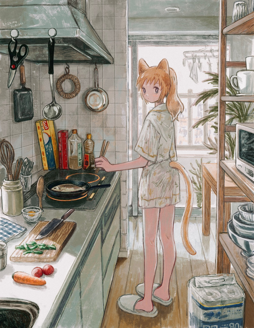 1girl, animal_ears, bowl, carrot, cat_ears, cat_girl, cat_tail, chopsticks
