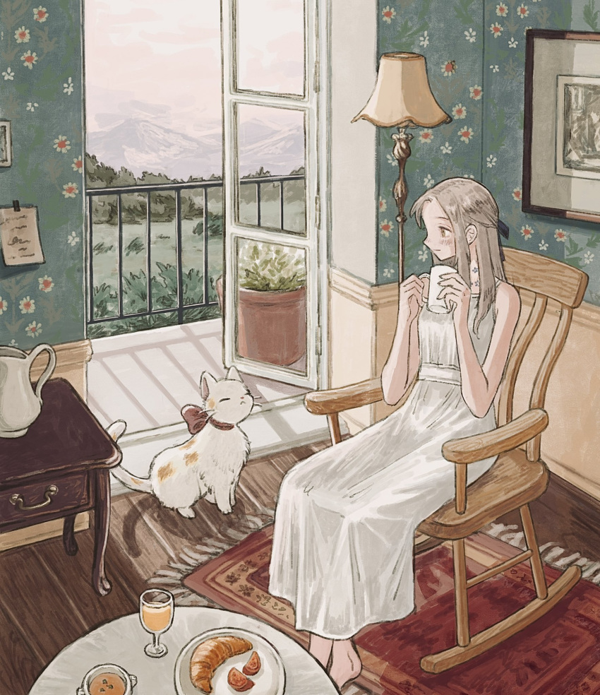 1girl, blonde_hair, brown_eyes, carpet, cat, chair, closed_eyes, closed_mouth