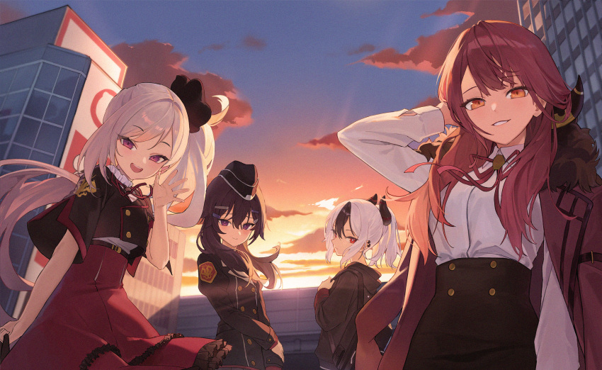 4girls, airi_(ugpv2858), aru_(blue_archive), black_hair, blue_archive, blush, coat, coat_on_shoulders
