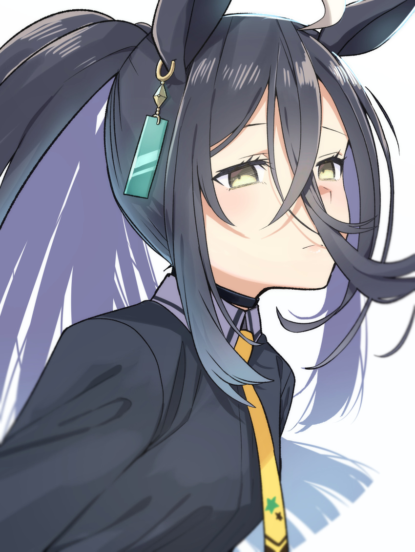 1girl, absurdres, ahoge, alternate_hairstyle, animal_ears, black_hair, black_shirt, collared_shirt