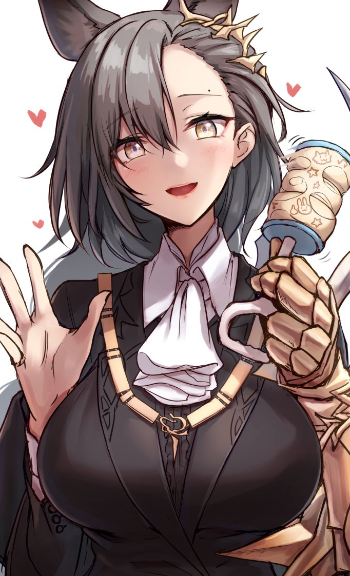 1girl, akehi_yuki, animal, arknights, ascot, breasts, brown_eyes, commentary_request, gloves, grey_hair, hair_ornament, heart, holding, large_breasts, looking_at_viewer, open_mouth, penance_(arknights), rattle, short_hair, simple_background, single_glove, solo, upper_body, white_ascot, white_background