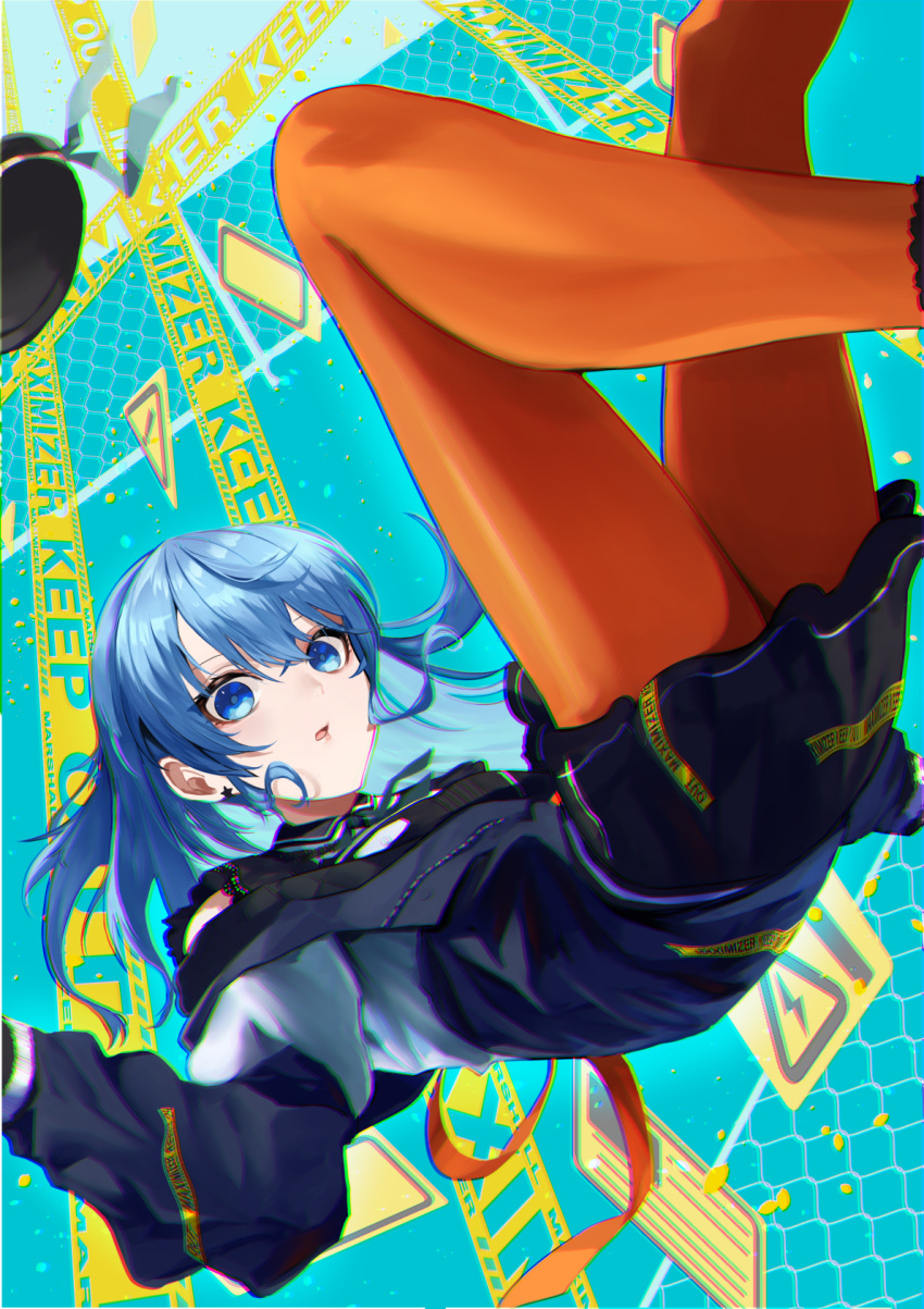 1girl, beret, black_skirt, blue_eyes, blue_hair, earrings, hat, hat_removed