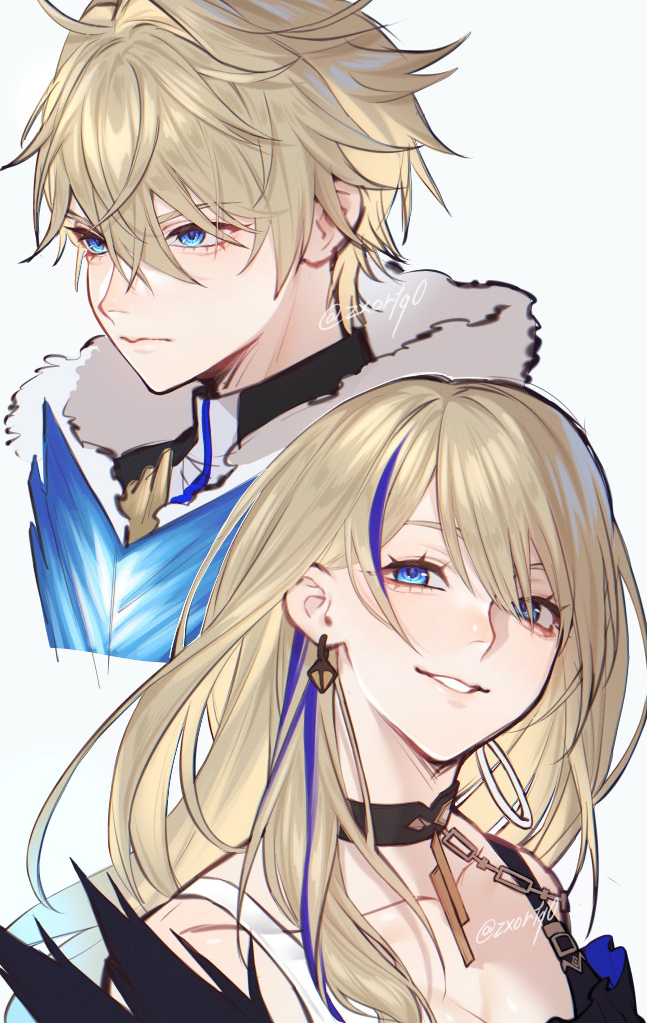 1boy, 1girl, asymmetrical_earrings, bare_shoulders, bishounen, black_choker, blonde_hair, blue_eyes