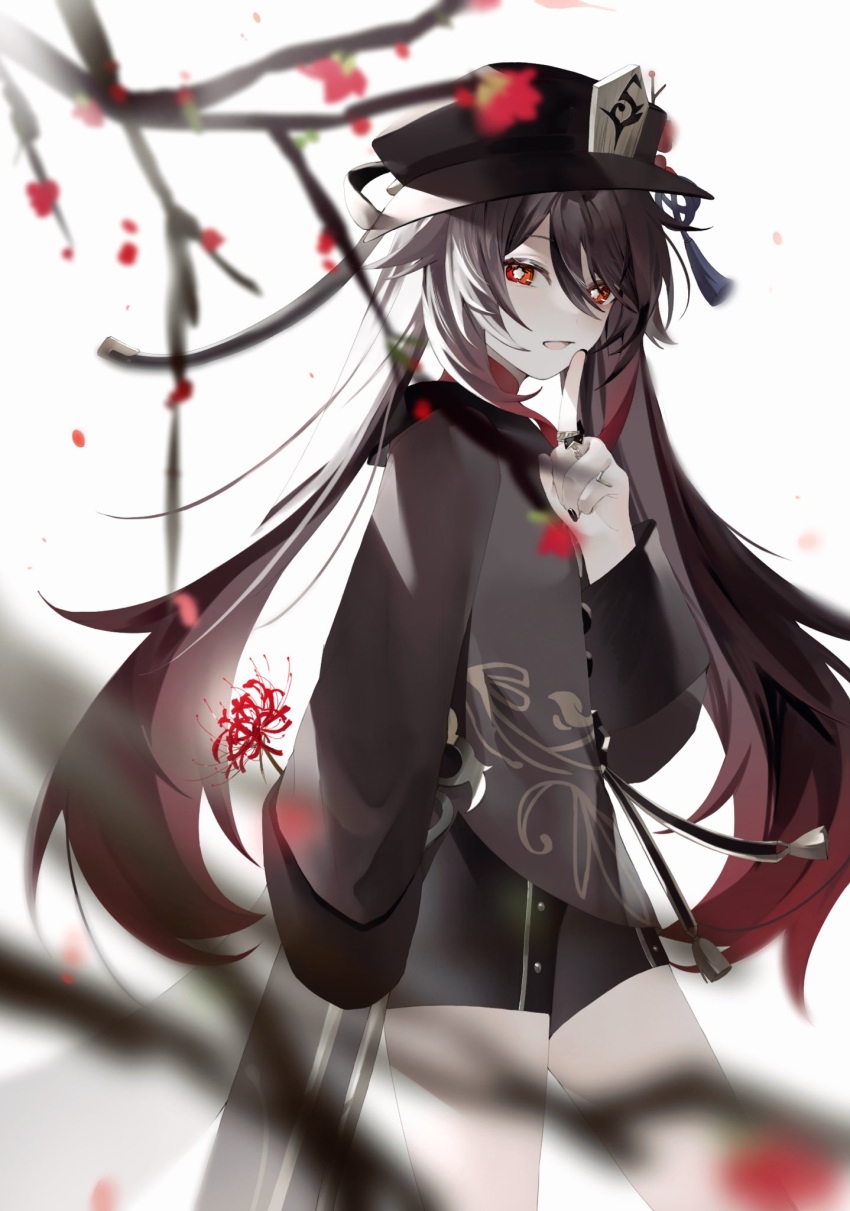 1girl, bare_legs, black_headwear, black_nails, black_shorts, black_tassel, branch, brown_hair