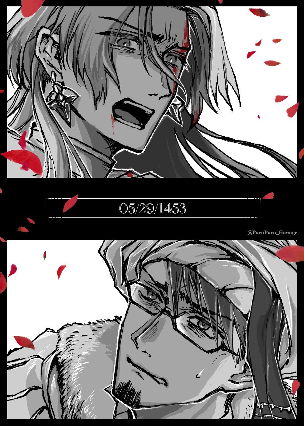 2boys, artist_name, blood, blood_on_face, constantine_xi_(fate), curtained_hair, dated, earrings