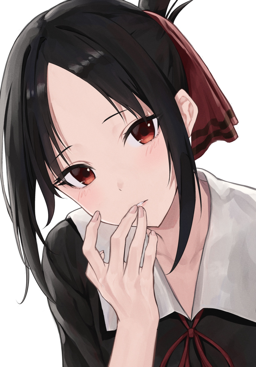1girl, black_dress, black_hair, collared_dress, commentary, dress, fingernails, folded_ponytail