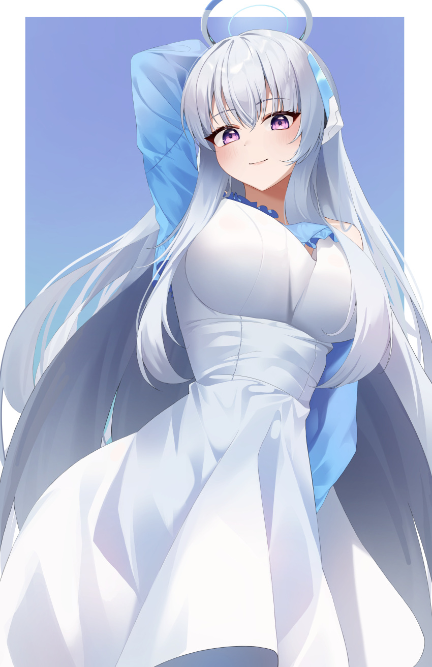 absurdres, alternate_costume, blue_archive, blue_background, dress, halo, highres, k_cyp