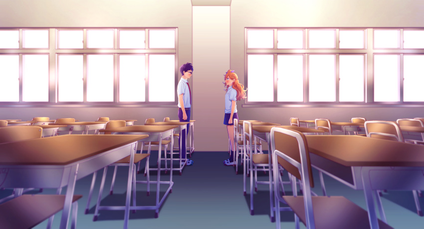 1boy, 1girl, absurdres, black_hair, bow, classroom, day, desk