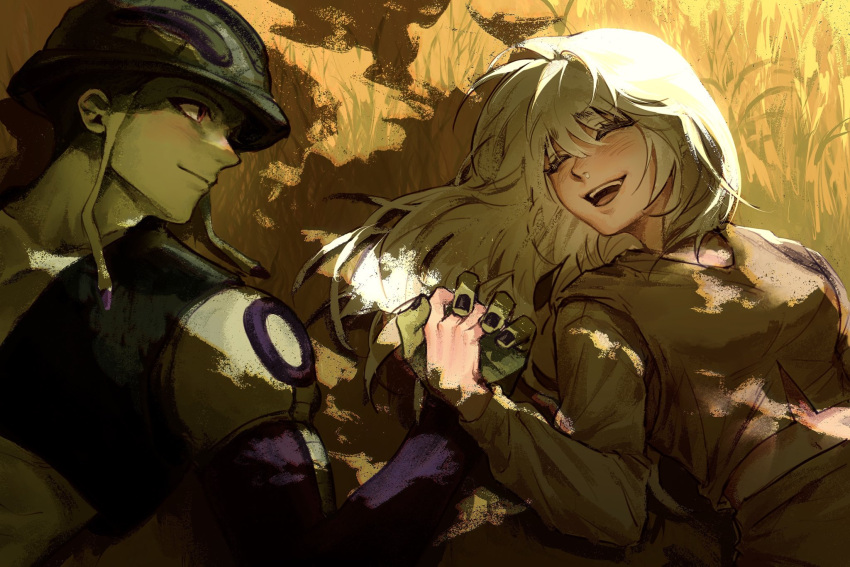 1boy, 1girl, blush, butn_0925, closed_eyes, colored_skin, couple, green_skin
