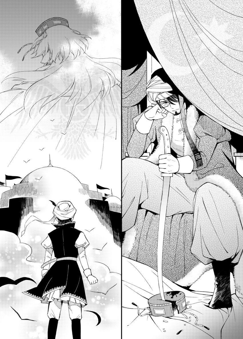 2boys, age_progression, belt, blood, blood_on_clothes, boots, broken_crown, building, byzantine_empire, cloak, closed_mouth, coat, constantine_xi_(fate), crescent, crown, curtains, earrings, expressionless, facial_hair, facing_away, fate/grand_order, fate_(series), feet_out_of_frame, flag, from_behind, full_body, fur-trimmed_coat, fur_trim, glasses, greyscale, hat_feather, head_rest, highres, holding, holding_sword, holding_weapon, jewelry, juliet_sleeves, long_coat, long_hair, long_sleeves, looking_at_viewer, male_focus, mehmed_ii_(fate), miyuyoko, monochrome, multiple_boys, open_clothes, open_coat, ottoman_empire, planted, planted_sword, puffy_pants, puffy_sleeves, shirt, short_hair, sitting, split_screen, standing, stubble, sword, throne, tunic, turban, weapon