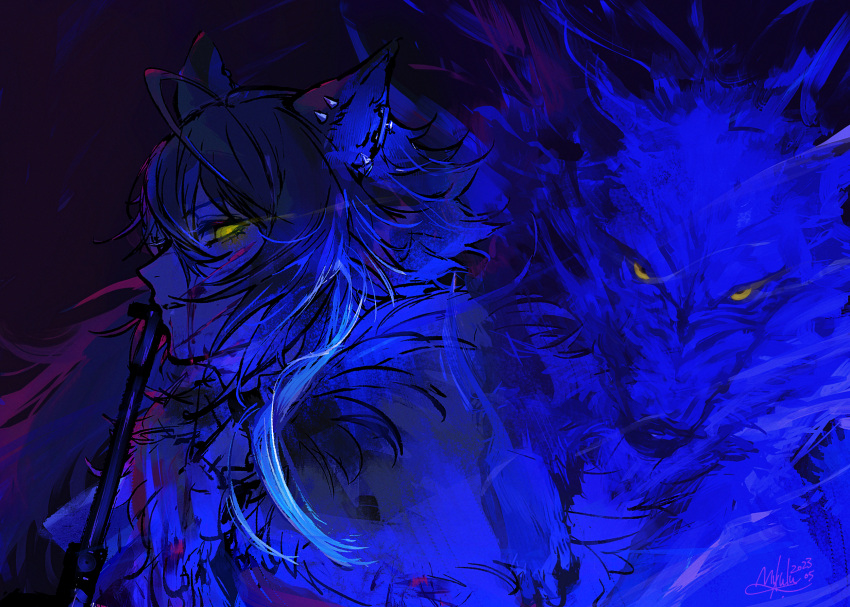 1boy, ahoge, animal, animal_ear_fluff, animal_ears, arknights, blue_cloak, blue_hair