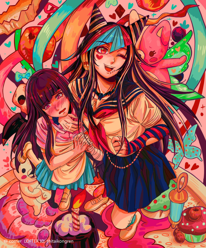 2girls, ;d, apron, arm_around_shoulder, asymmetrical_legwear, black_hair, black_sailor_collar, black_skirt