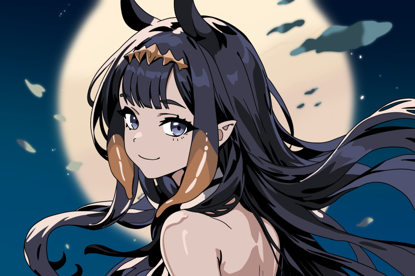 1girl, bare_shoulders, blue_eyes, closed_mouth, full_moon, gradient_hair, headpiece, highres, hololive, hololive_english, looking_at_viewer, looking_back, moon, multicolored_hair, night, night_sky, ninomae_ina'nis, ninomae_ina'nis_(1st_costume), orange_hair, pointy_ears, purple_hair, sidelocks, sky, smile, solo, tentacle_hair, virtual_youtuber, xmys